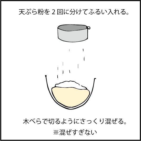 天ぷら粉を二回に分けてふるい入れる。